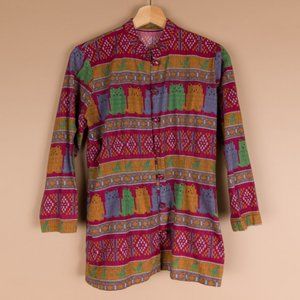 Funky Kitty Cat Colorblock Tapestry Blouse